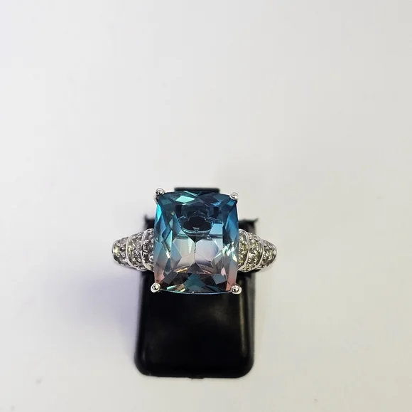 Aqua Colorful Terra Costa Quartz Triplet & White Zircon Ring in 925! Size 7 New - Picture 5 of 14